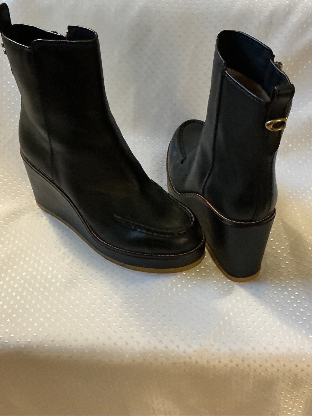 Coach Black Leather Wedge Ankle Boots with Gold Buckle
